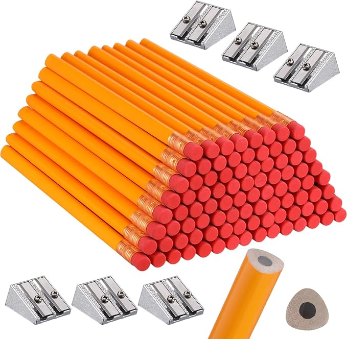 Fainne 102 Pieces Jumbo Pencils Set for Kids Toddlers 96 Thick Fat Large Pencils with Erasers 6 Sharpeners Bulk for Preschool Kindergarten Elementary School Classroom(Orange, Gold,Triangle)