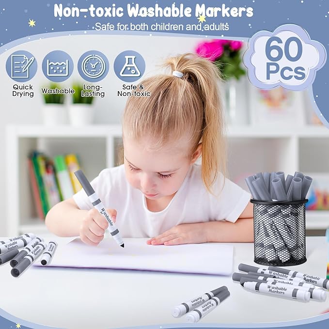 60 Pcs Gray Washable Markers Bulk Coloring Broad Line Markers for Kids Conical Tip Gray Drawing Pens for Classroom Back to School Travel Art Baby Shower Gender Reveal Supplies, Ages 6+
