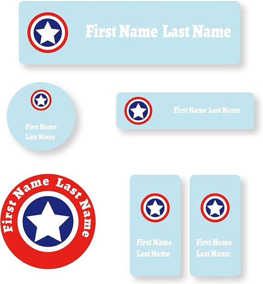 Personalized Kids Name Labels – Waterproof Custom Stickers for Daycare & School, Dishwasher & Laundry Safe (Captain - Light Blue)