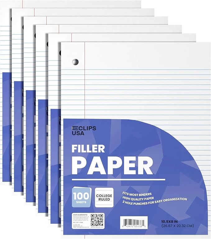 Loose Leaf Paper College Ruled Notebook Paper College Ruled Lined Paper Writing Paper Filler 10.5” x 8” 600 Sheets 100 Sheets Per Pack 60 gsm (6 Pack)