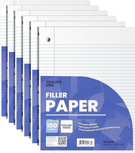 Loose Leaf Paper College Ruled Notebook Paper College Ruled Lined Paper Writing Paper Filler 10.5” x 8” 600 Sheets 100 Sheets Per Pack 60 gsm (6 Pack)