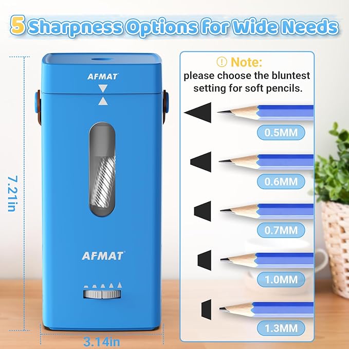 AFMAT Electric Pencil Sharpener, Fully Automatic Pencil Sharpener, Auto in & Out, Rechargeable Hands-Free Sharpeners for Jumbo & Colored Pencils (6.5-12mm), Portable for Home/Classroom/Office PSC6