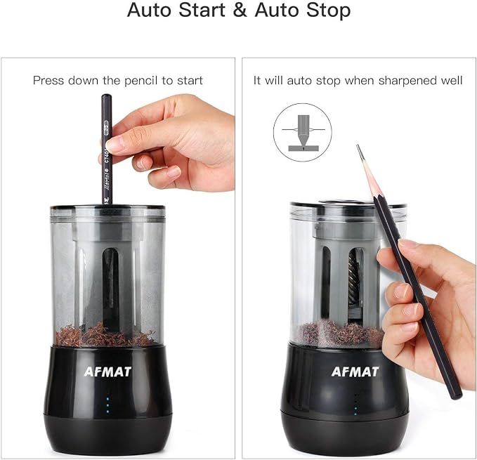 AFMAT Rechargeable Long Point Pencil Sharpener for Artist, 3 Point Options, Auto Stop, 8-25mm Super Long Tip, Electric Artist Pencil Sharpener for φ6-8.5mm Charcoal/Drawing/Sketching/Colored Pencils