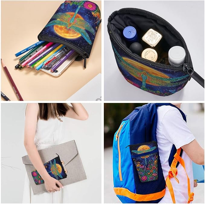 Dragonfly Moon Standing Pencil Case Cute Telescopic Stationary Pouch with Zipper Large Capacity Stand up Pen Bag Portable Makeup Holder for School Office Supplies