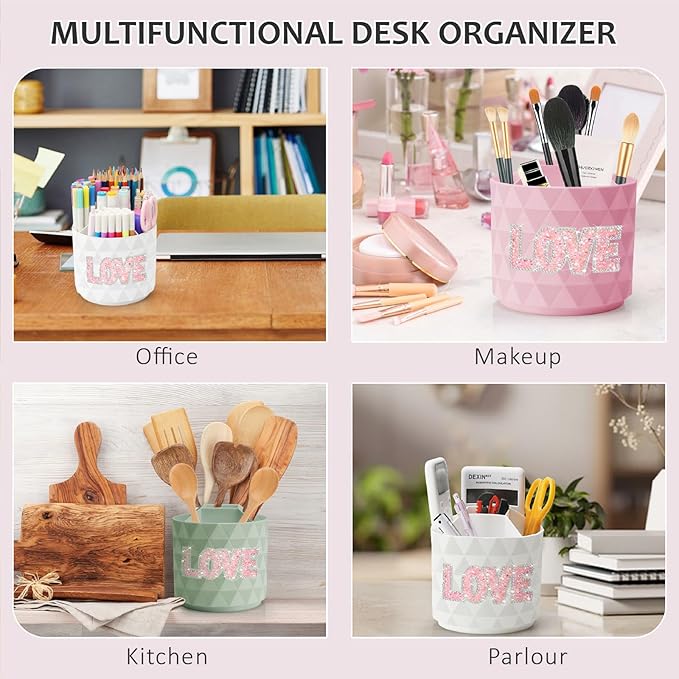 Bling Desk Organizer, Glitter Love Rhinestone Rotating Pencil Pen Holders For Desk,Diamond-Patterned Pen Organizer With 5 Compartments,Stylish Desk Accessories For Office School Home