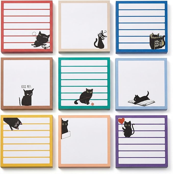 Cute Sticky Notes 9 Pack, 3x3 Inch Adhesive Memo Pads 450 Sheets, Lined and Blank, Kawaii Kitten Stationery, Funny Cat Lover Gifts for Women, Office Desk School Supplies