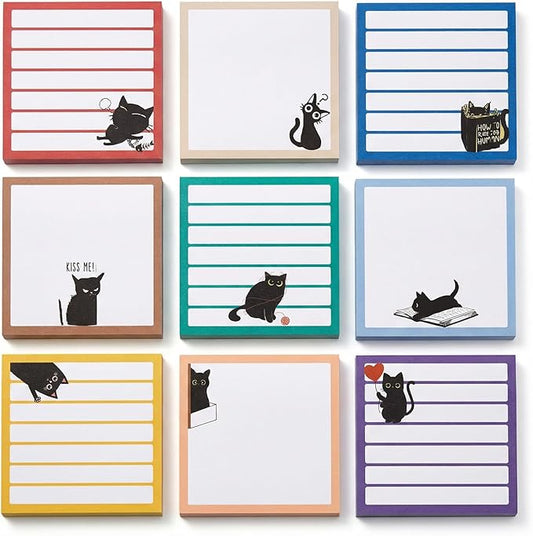 Cute Sticky Notes 9 Pack, 3x3 Inch Adhesive Memo Pads 450 Sheets, Lined and Blank, Kawaii Kitten Stationery, Funny Cat Lover Gifts for Women, Office Desk School Supplies