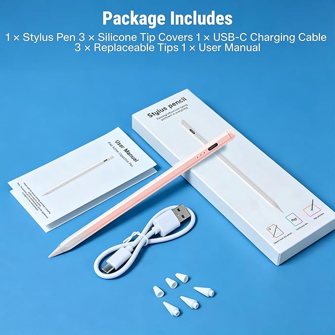 Stylus Pen for iPad 2018-2026, 2X Fast Charge Active Pencil with Tilt Sensitivity & Palm Rejection, iPad 11/10/9/8/7/6/A16, Air M4/M3/M2, Pro M5/M4, Mini 7/6/5 (Pink)
