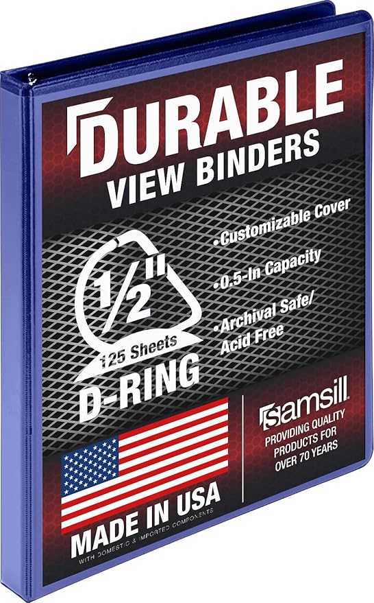 Samsill Durable 0.5 Inch Binder, D Ring Binder, Customizable Clear View Cover, Dark Blue, Holds 125 Pages