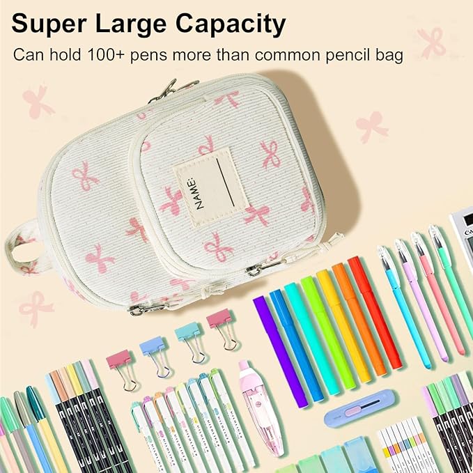 LEDAOU Pencil Case Cute Zipper Pencil Pouch Large Capacity Pencil Bag Organizer School Supplies for Girls Boys Kids (Pink Bow)