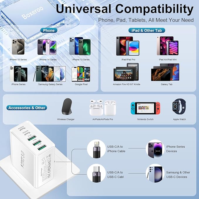 USB C Charger Block 50W 5Port Type C Fast Charging Blocks Multiport USB Wall Charger Plug Adapter Outlet Cube Box Brick Phone Accessories for iPhone 16 15 Pro Max XS, iPad, Tablet (White)