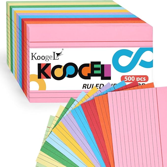 Koogel 500PCS Index Cards 3" x 5", Colored Lined Ruled Flash Cards for Back to School, Heavy Notecards for Studying School Home College Office Note Taking, To Do List Supplies, 10 Colors