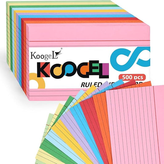 Koogel 500PCS Index Cards 3" x 5", Colored Lined Ruled Flash Cards for Back to School, Heavy Notecards for Studying School Home College Office Note Taking, To Do List Supplies, 10 Colors