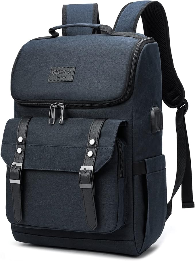 YALUNDISI Vintage Backpack Travel Laptop Backpack with usb Charging Port for Women & Men College Backpack Fits 15.6 Inch Laptop Blue