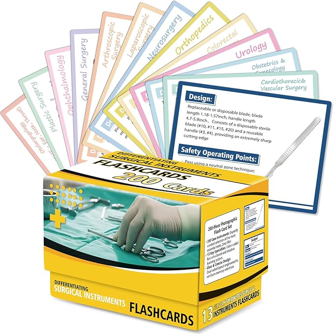 200Pcs Surgical Instruments Flashcards Technology Cards of 13 Specialties CST & CRCST Prep Instrument Index Card for Technologists Exam Medical Students Operating Room Nurses Surgical Gift Accessory