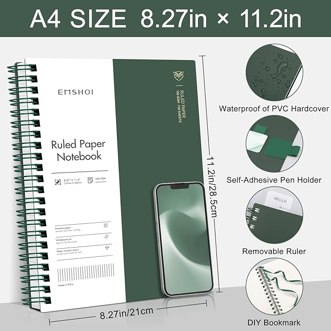 EMSHOI A4 College Ruled Spiral Notebook, Large 8.27"x11.2", Thick 300 Pages/150 Sheets, 100GSM Ink-Proof Waterproof PVC Cover Lay-Flat Lined Journal for Work Office School Writing, Dark Green