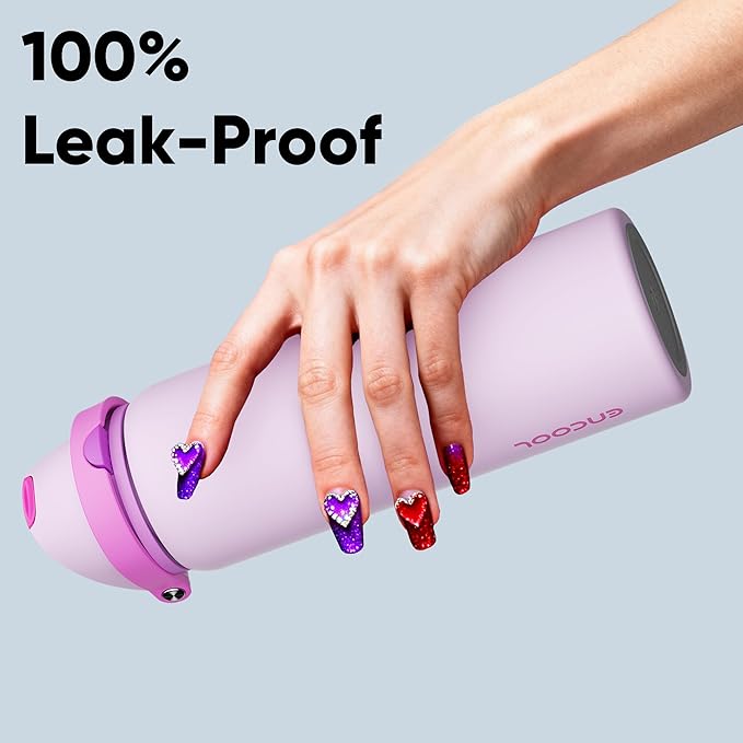 Insulated Water Bottle with Straw - Encool Stainless Steel Water Bottle with Push Button Lid, Leak-Proof & BPA-Free, Keeps Cold for 24 Hours for Sports, Travel, Gym (32 oz, Thistle-Fuchsia)