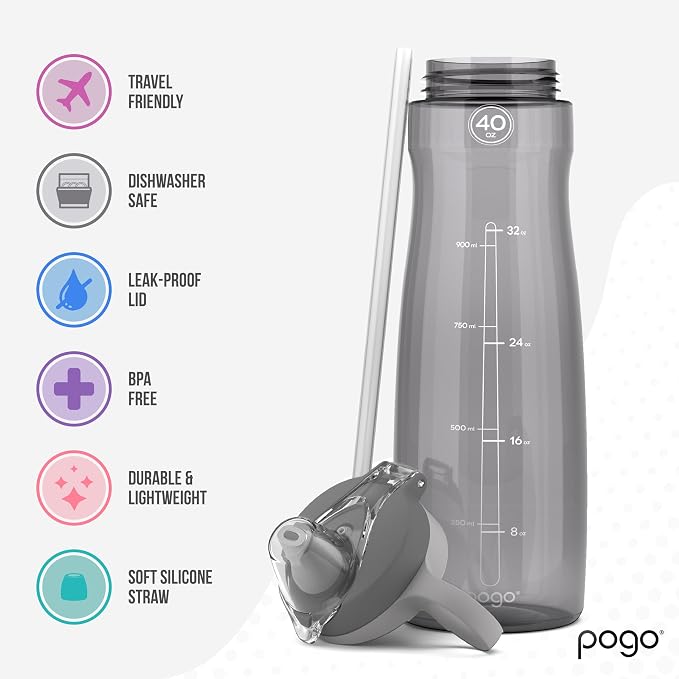 Pogo Plastic Water Bottle with Chug Lid and Carry Handle, Reusable, BPA Free, Dishwasher Safe, Perfect for Travel, School, Outdoors, and Gym, 18oz 32oz 40oz 64oz