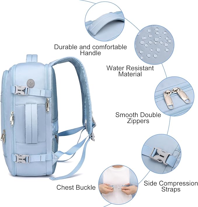 EZUOLA Travel Backpack for Men Women,Carry On Backpack Airline Approved,Backpack for College Essentials with 15.6inch Laptop Compartment, Lightweight Work Back pack for Weekend Business,Gifts Blue