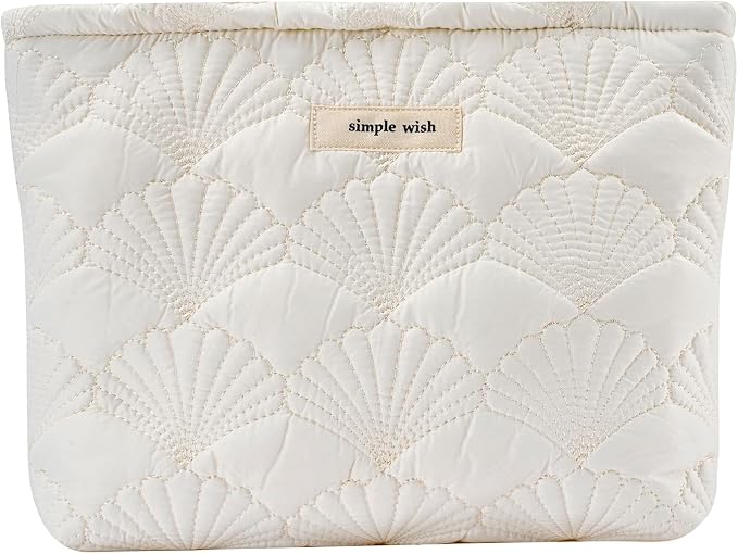 uekeboag White Shells Quilted Cotton Makeup Bag,Coquette Travel Pouch | Cotton Aesthetic Cosmetic Bag for Women,Shell Embroidery,Wedding Gifts, Bridal Gifts