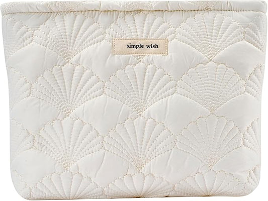 uekeboag White Shells Quilted Cotton Makeup Bag,Coquette Travel Pouch | Cotton Aesthetic Cosmetic Bag for Women,Shell Embroidery,Wedding Gifts, Bridal Gifts
