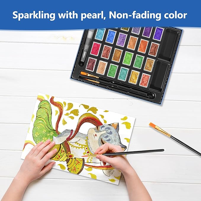 CraftyManor 3ml Glitter Watercolor Paint Set with Paper, 24 Colors Shimmer Metallic Watercolour Painting Sets, Solid Pearl Water Color Paints for Adult, Rococo Style (DunHuang 24Colors-L)