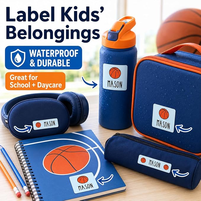 Andaz Press Custom Personalized Waterproof School Name Labels, Basketball, 120-Pack, Kids Labels Combo Pack, Customizable Multi-Use Name Stickers for Preschool, Daycare, Back To School Supplies, Sport