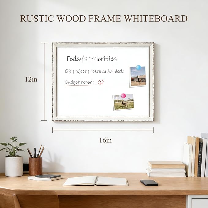 White Board for Wall, 16" x 12" Magnetic Dry Erase Board, Vintage Wooden Frame Decorative Whiteboard, Wall Mounted, White-Washed, Aesthetic Writing Board for Home, Office, School