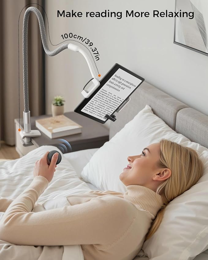SAIJI Gooseneck Kindle Holder with Long Battery Remote Page Turner, Leather iPad Holder for Bed, 39.3 in Flexible Lazy Arm，Free Hands Kindle Accessories, Tablet Stand for Reading in Bed,Fits 4.7-11"