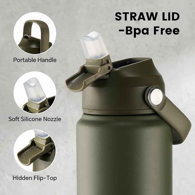 Fijinhom 24 oz Insulated Water Bottle with Straw Lid, Stainless Steel Water Bottles, Double Wall Vacuum, Portable Handle & Non-slip Bottom, BPA Free Leak Proof Metal Bottles, Cold 24H, Green/Black