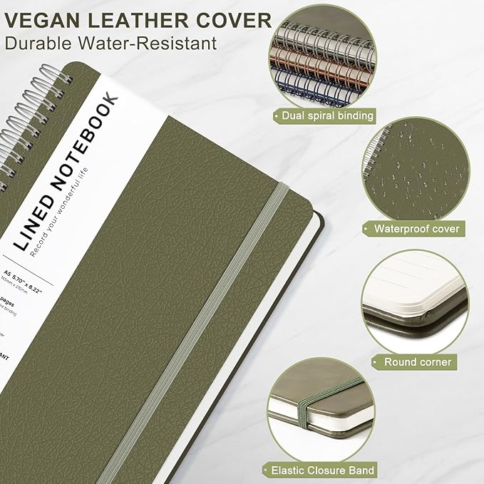 ABERLLS Lined Spiral Journal Notebook with 160 Pages, 8×5.7in, A5 Spiral Notebook, Journaling Notebooks for Work, School, Women, Men, College Ruled Spiral Notebook, Hardcover Leather Journals, Green