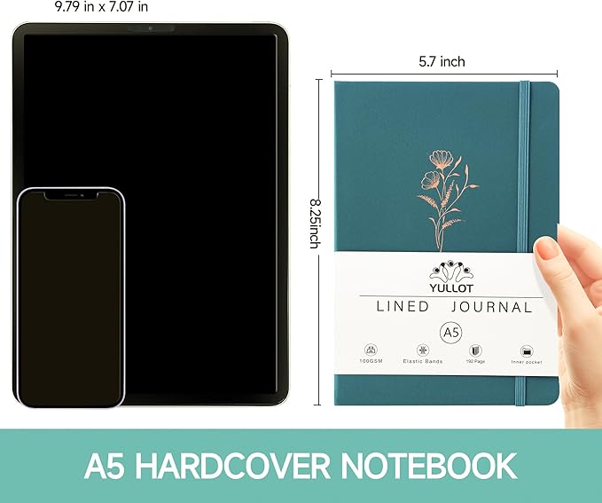 Lined Journal Notebook –A5 PU Leather Hardcover Notebook, 100gsm Thick Bleedproof Paper with Inner Pocket – 192Pages Lined Writing Journal for Students Women Note Taking - Deep Teal