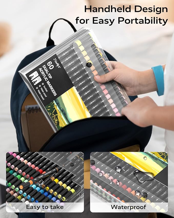 JusArt 24 Colors Dual Tip Acrylic Paint Pens Markers, Brush and Fine Tip, Premium Paint Pens for Wood, Canvas, Egg, Stone, Fabric, Rocks, Metal, Glass, Ceramic, DIY Crafts Making Art Supplies Gifts
