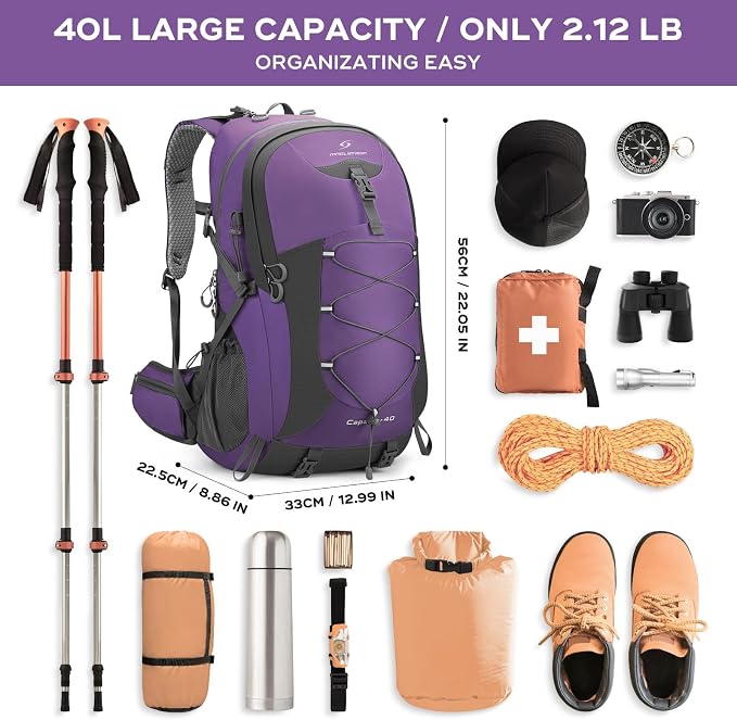 Maelstrom 40L Hiking Backpack, Lightweight Camping Daypack with Rain Cover | Water-Resistant Rip-Stop Nylon, Wet/Dry Separation, Multi-Pockets, Survival Whistle. Ideal For Men, Women, Travel, Trekking