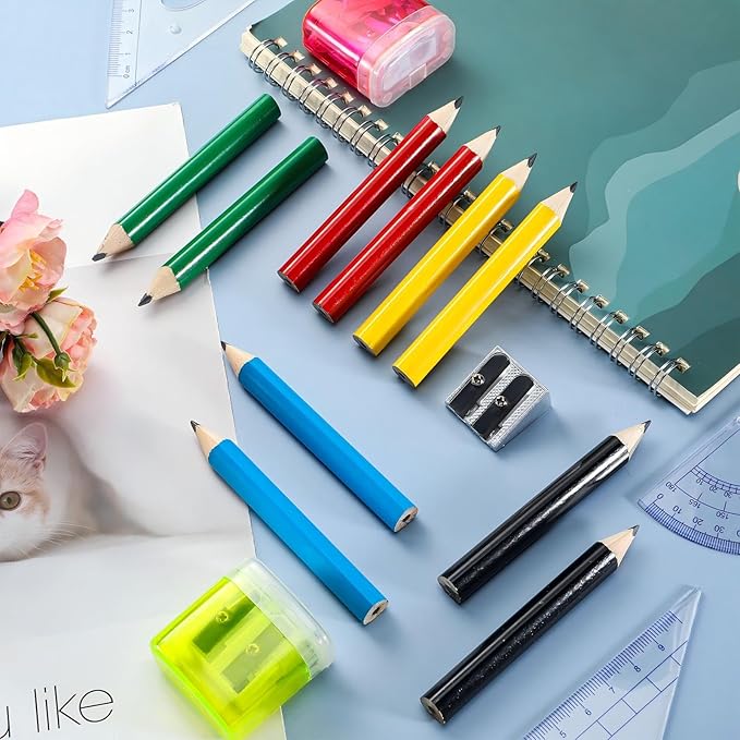 Marspark 30 Pcs Short Triangular Fat Pencils Bulk 3.5 Inch Wooden Triangular Jumbo Pencils with Sharpener and 2 Erasers for Preschoolers, Kindergarten, Toddlers, Beginners and School(Vivid Colors)