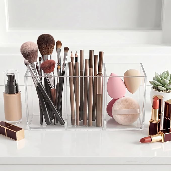 Acrylic Pen Holder, Clear Makeup Brush Holder for Vanity, 3-Compartment Desk Organizer for Office and Bathroom, Pencil Cup Stationery Organizer
