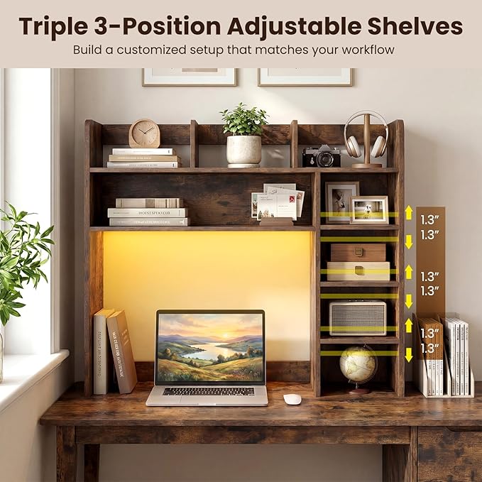 Giantex Desktop Bookshelf with LED Lights, 35.5" Desk Hutch Dorm for Up to 25 Inch Computer Monitors with Adjustable Storage Shelves, Wood Desk Organizer Shelves for Home Office (Rustic Brown)