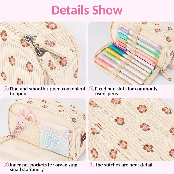 Sooez Big Capacity Pencil Case Pen Pouch, Soft Corduroy Pencil Bag with 3 Compartment, Multiple Pockets, Sturdy Zipper, Cute School Supplies Pen Bag Organizer For Teen Girls-Pink Leopard Print