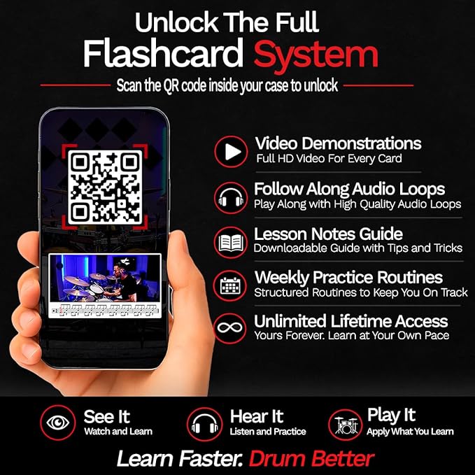 Drummer Flashcard & Video System – Learn Drum Beats, Fills & Stick Control Faster Than a Book | 60 Color-Coded Cards + Video Demonstrations + Audio Loops | Beginner to Intermediate