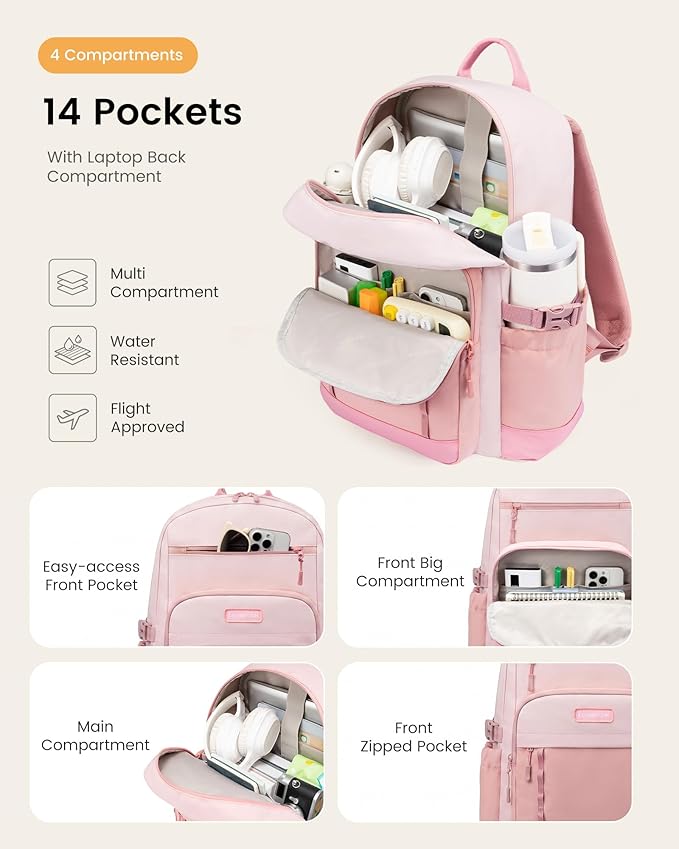 LOVEVOOK Laptop Backpack for Women with Large Cup Holder,17 Inch DIY Design Travel Work Backpack Computer Laptop Bag,Waterproof Nurse Teacher College Commuter Backpack Purse,Gift for Women Men,Pink