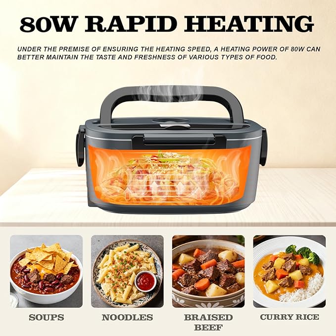 Buddew Electric Heated Lunch Box, 80W Fast Heating, 1.5L Food-Grade 304 Stainless Steel, 12V/24V/110V Portable Food Warmer for Car Truck Office Adults, Lonchera Electrica Portatil (Gray+Black)