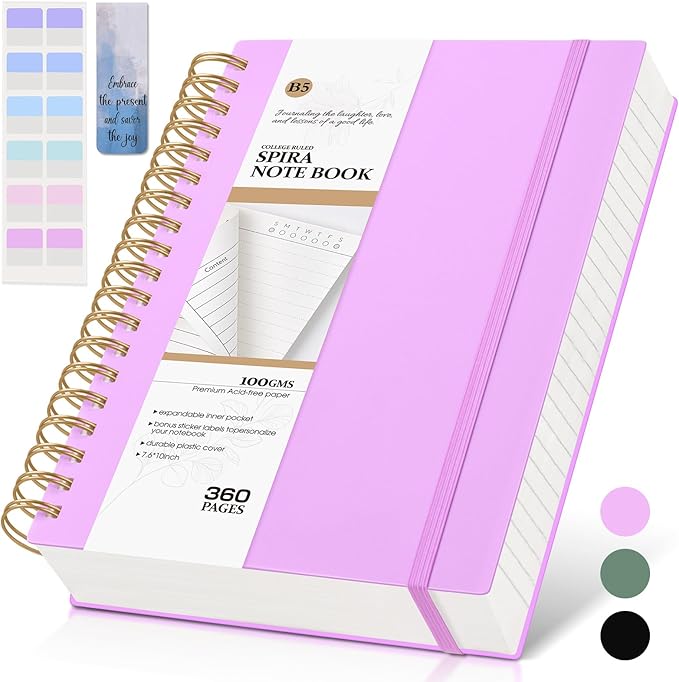 MUAHLIUB Spiral Notebook Journal College Ruled, 360 Pages Lined Thick Journals for Women Men, B5 Big Notebooks with 100GSM Paper, Spiral Bound Journaling for Writing Work School Purple 7.6"×10"