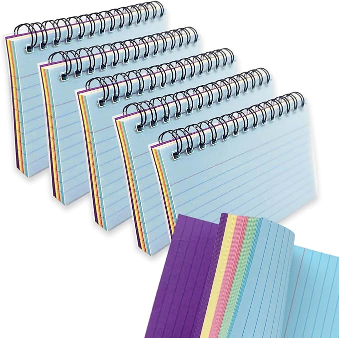 250 Sheets Index Cards with Ring, Tearable Spiral Bound Notecards, 3x5 Inches, Candy Colored Ruled Flashcards for Notes, Reminders, and Lists, Studying Nursing School Essentials(5-Color Pads*5)