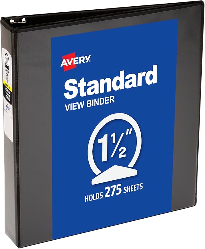 Avery Standard View 3 Ring Binder, 1.5" Round Rings, 275-Sheet Capacity, 2.1 Inch Wide Spine, 1 Black Binder, Ideal for Lightweight Organization and Occasional Referencing (05771)