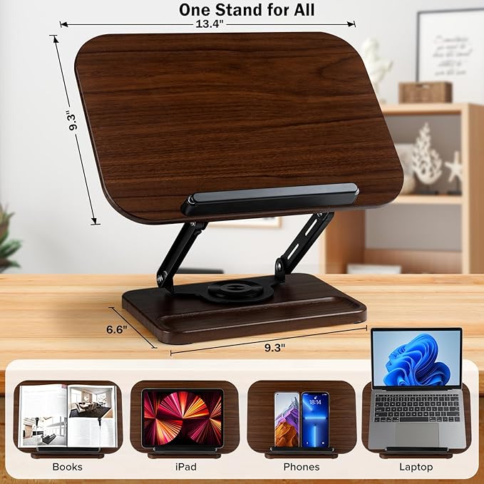Book Stand with Light & Storage, Book Holders for Reading Hands Free, Wooden Cookbook Stand with Adjustable Height & 360 °Angle for Recipe,Magazine,Laptop,Tablet, Bible