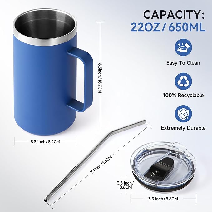 Volhoply 22oz Insulated Stainless Steel Coffee Mug with Leakproof Lid,Double Wall Vacuum Travel Coffee Cup with Handle,Reusable Metal Tumbler,Camping Mugs Keep Hot&Cold(Blue,1)