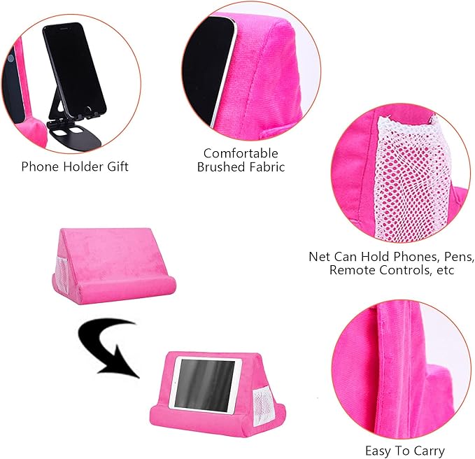 2pcs Multi-Angle Tablet Holder Cushion Stand with Net Pocket & Black Color Phone Stands Upgraded Tablet Pad Support for Phone,Pad,Books (Pink)