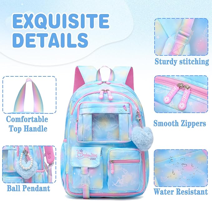 Alrisg Girls Backpack for Kids Elementary Middle School Cute Student Bookbag School Bag Blue