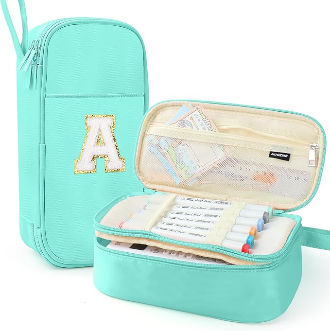 Large Pencil Case,Big Capacity Pencil Pouch,Personalized Initial Pencil Bag with smooth zipper,Multiple Pockets,Cute Aesthetic Stationery Pen Case Bag for Teen Girls College (Mint Green, A)