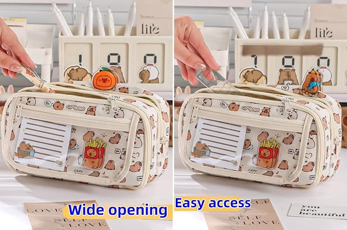 Cute Kawaii Pencil Case Pouch Cartoon Pen Box Holder Organizer for Office Workspace Supplies Desk Accessories Travel Essentials Aesthetic Trendy Cool Stuff Gift Large Capacity (Pink Kapibala)